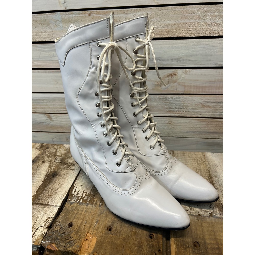 Vintage Oak Tree Farms White Leather Victorian Granny Wedding Boots 9.5